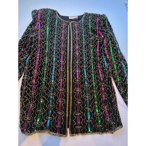 Tiffany's Closet Beaded Silk Jacket Women S Black Multi Sequin Vintage Evening